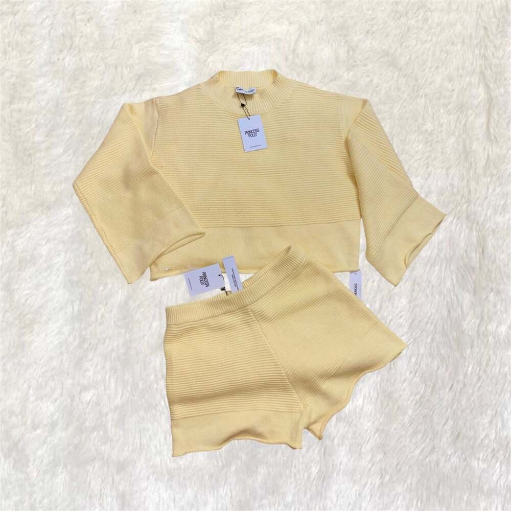NWT Princess Polly Pastel Yellow Knit Lounge Set Sweater Shorts Women L/XL Two P